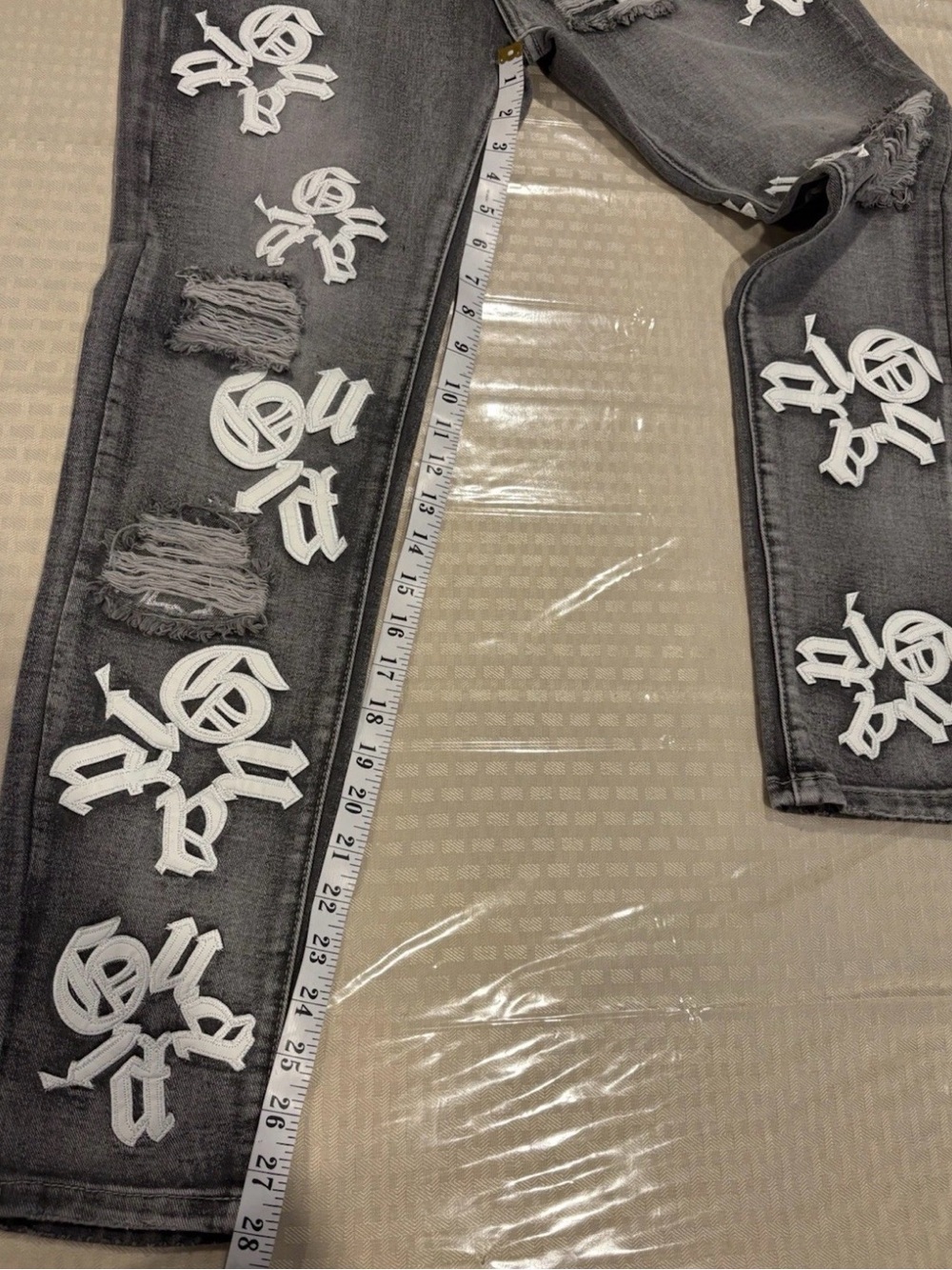 GUAPI Distressed Skinny Jeans Gray Denim Embroidered Logo Streetwear Men's 28 - Picture 9 of 11